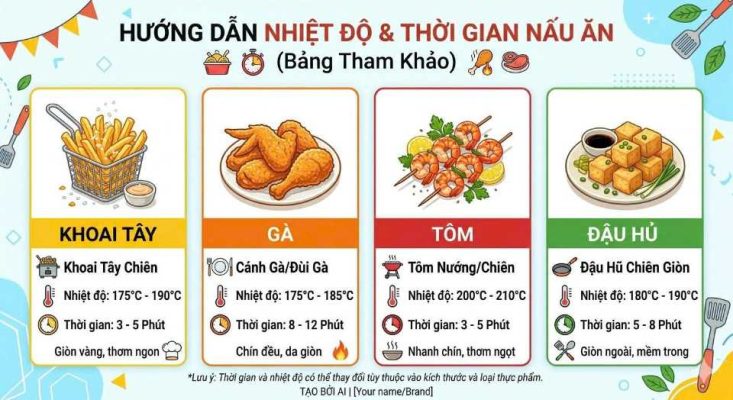 bảng nhiệt độ nồi chiên không dầu 4 món ăn